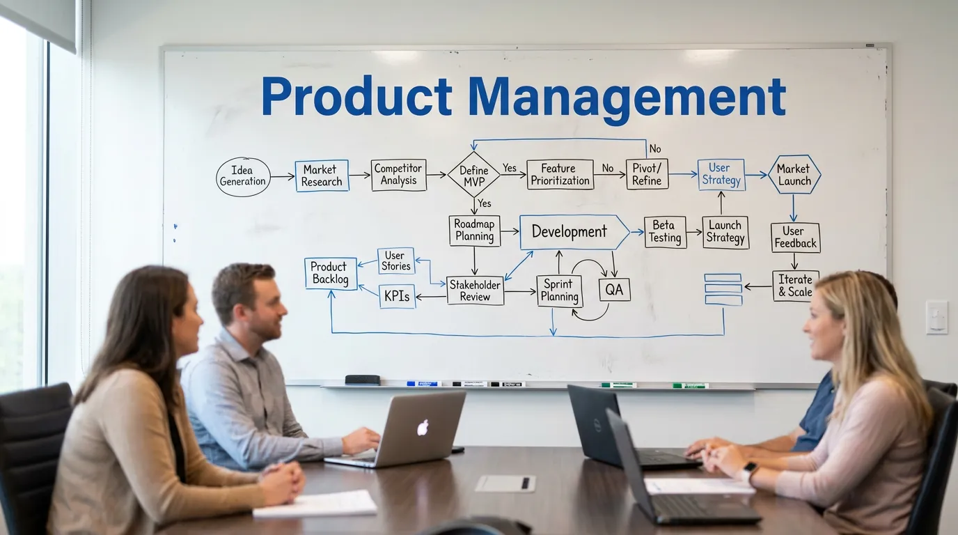 Quadro branco com planejamento de Product Management