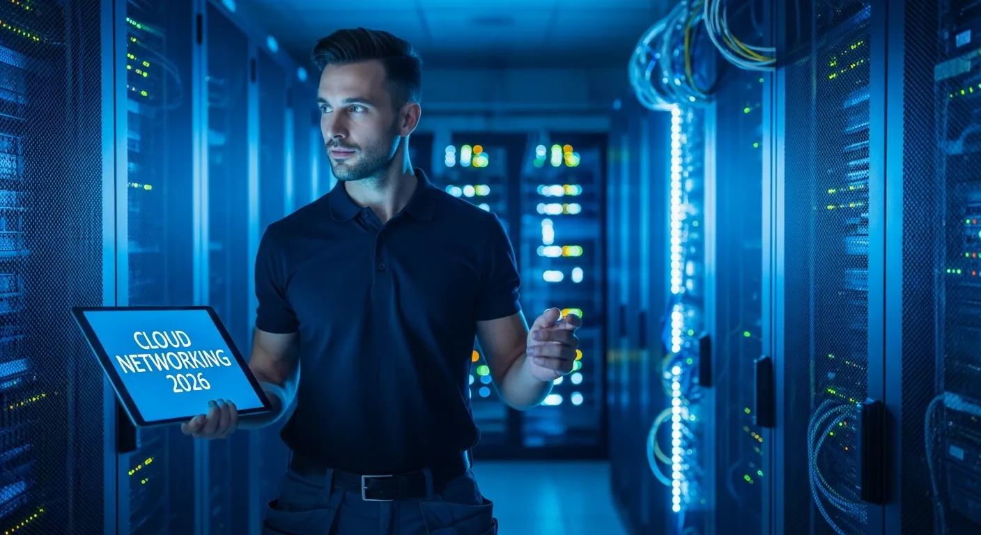 Profissional de redes trabalhando em data center moderno