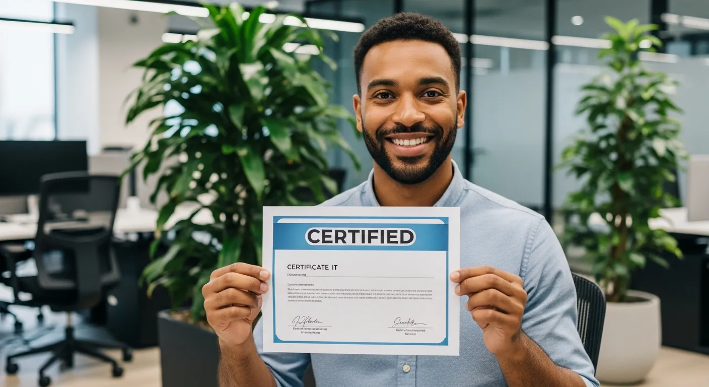 Profissional de redes segurando certificação de TI