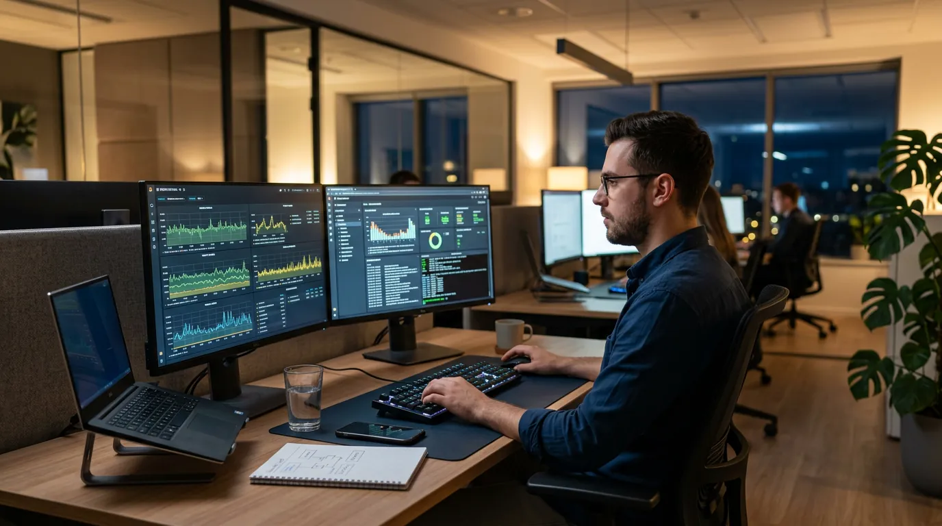 Profissional de TI analisando dados em monitores