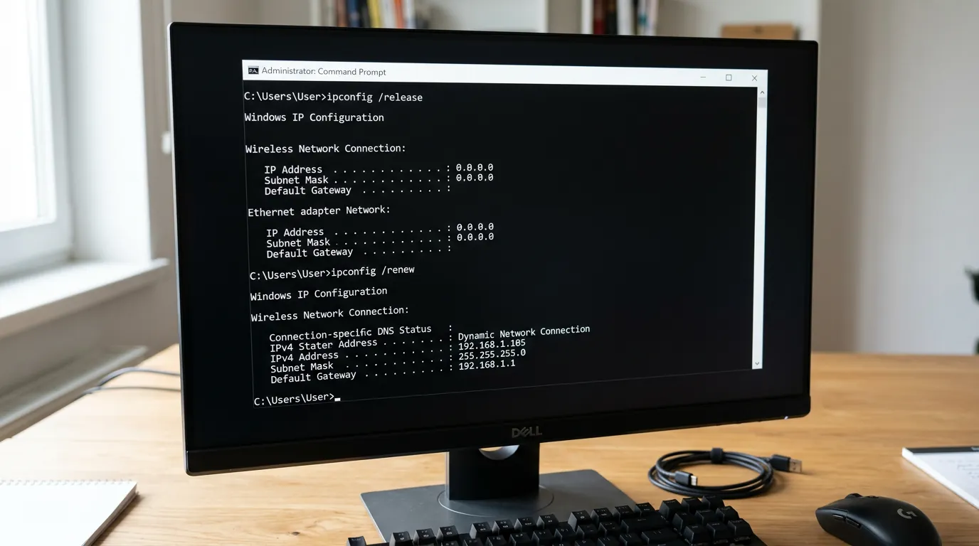Tela do prompt de comando renovando o endereço IP