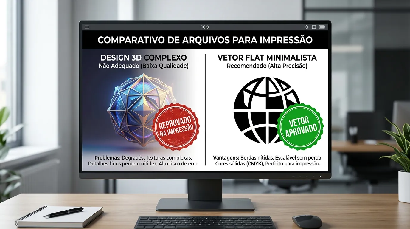 Diferença entre logo 3D gerado por IA e logo flat design minimalista para impressão