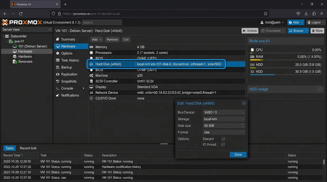 Configuracao de hardware de VM no Proxmox