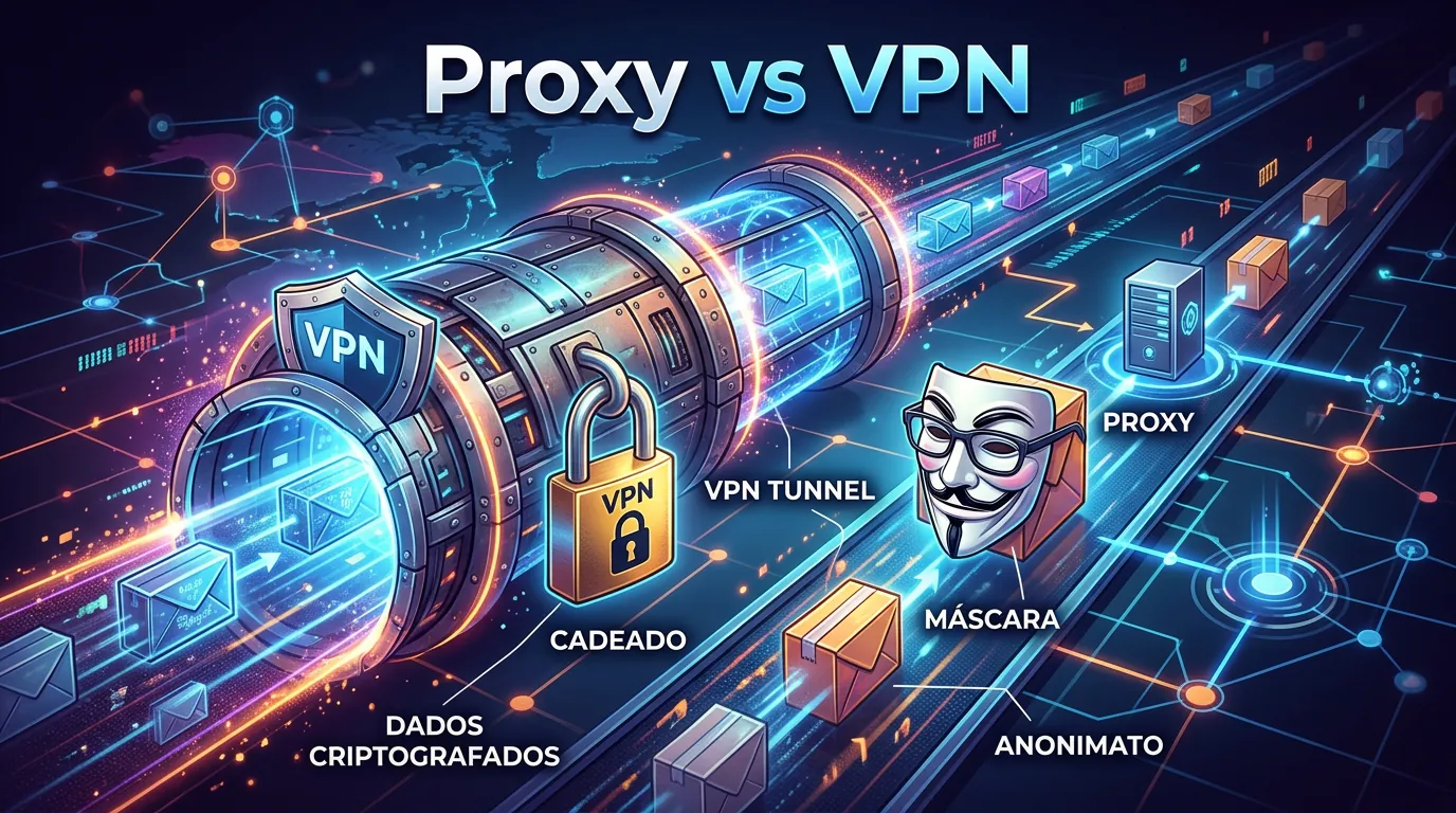Ilustracao comparativa entre tunel criptografado da VPN e mascaramento de IP do Proxy