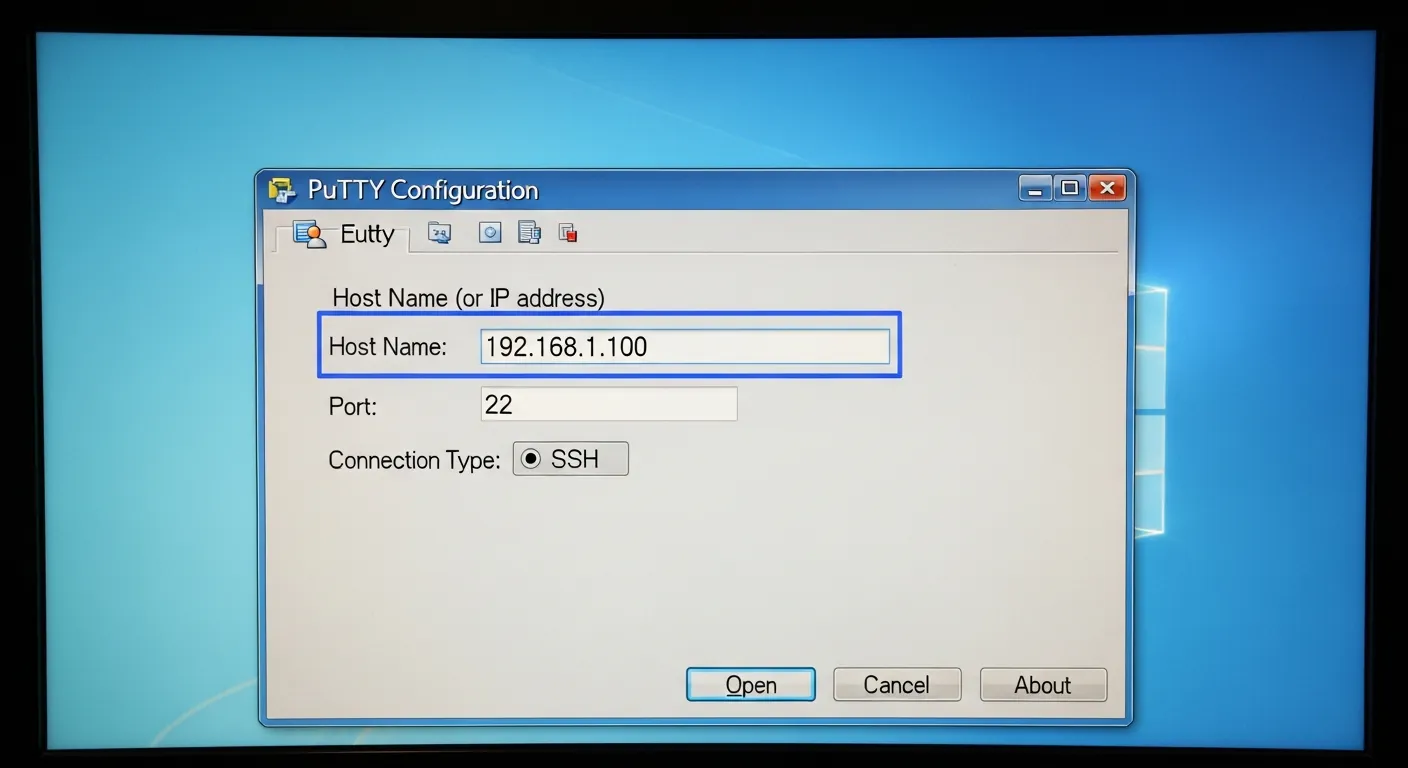 Interface principal do PuTTY configurando acesso SSH