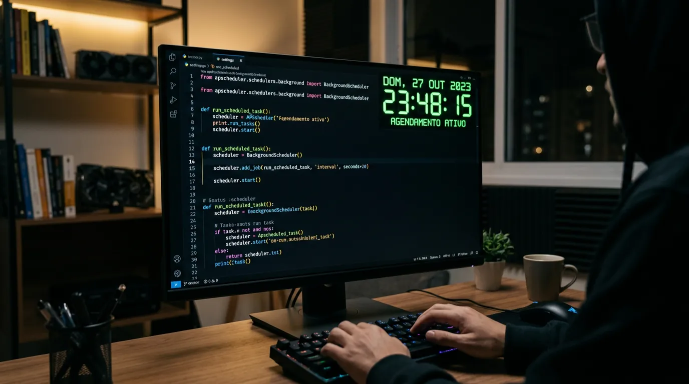 Tela de código Python com relógio indicando automação de tarefas
