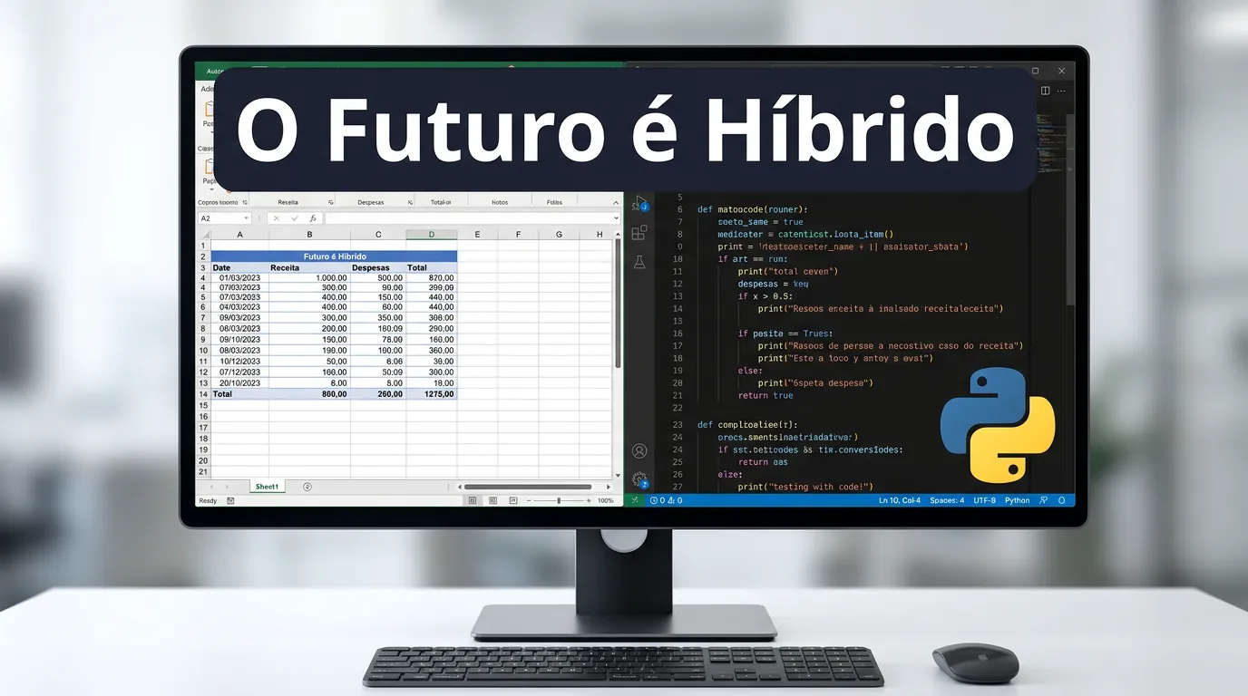 Tela dividida mostrando Excel e Python integrados