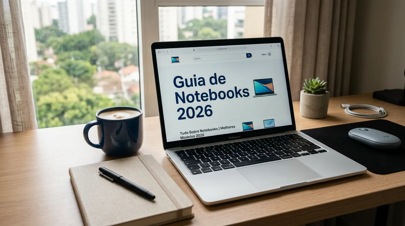 Notebook moderno em mesa de estudo e trabalho em 2026