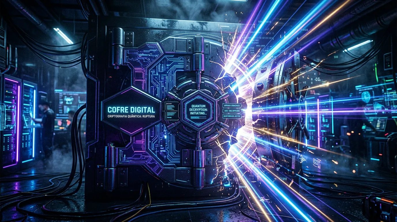 Cofre digital sendo aberto por tecnologia quântica