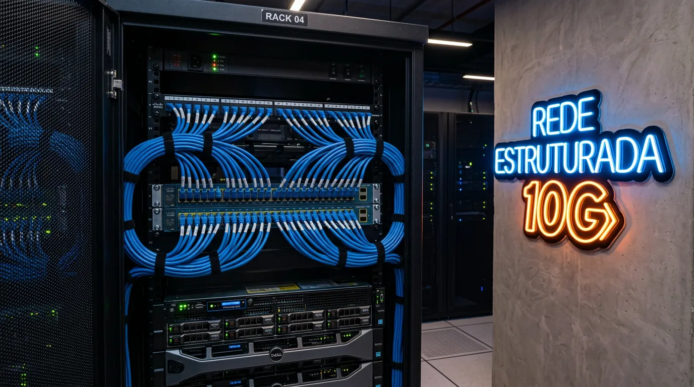 Rack de rede estruturada com cabos Cat6A