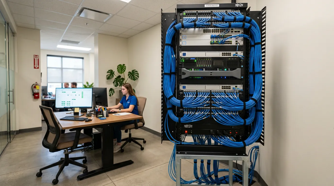 Rack de rede para pequena empresa com cabeamento estruturado