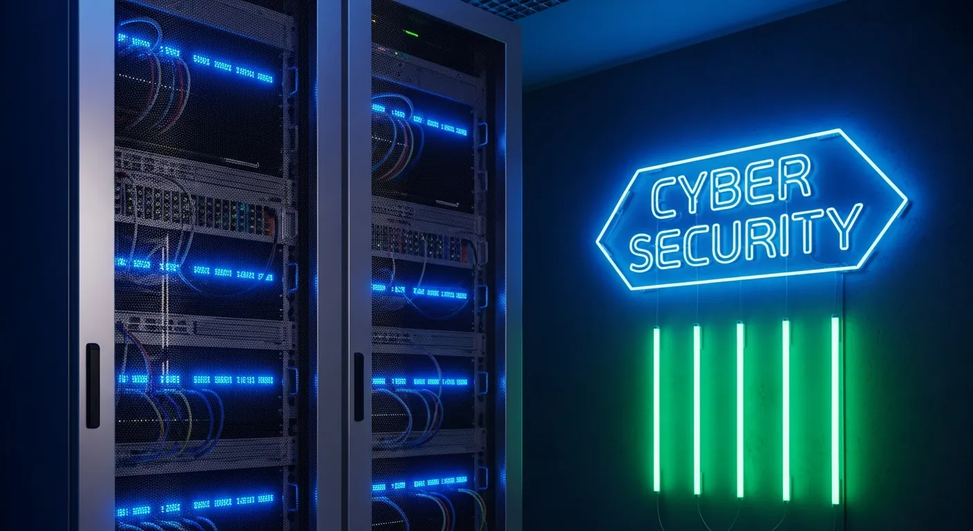 Rack de servidores de rede com letreiro neon de cibersegurança