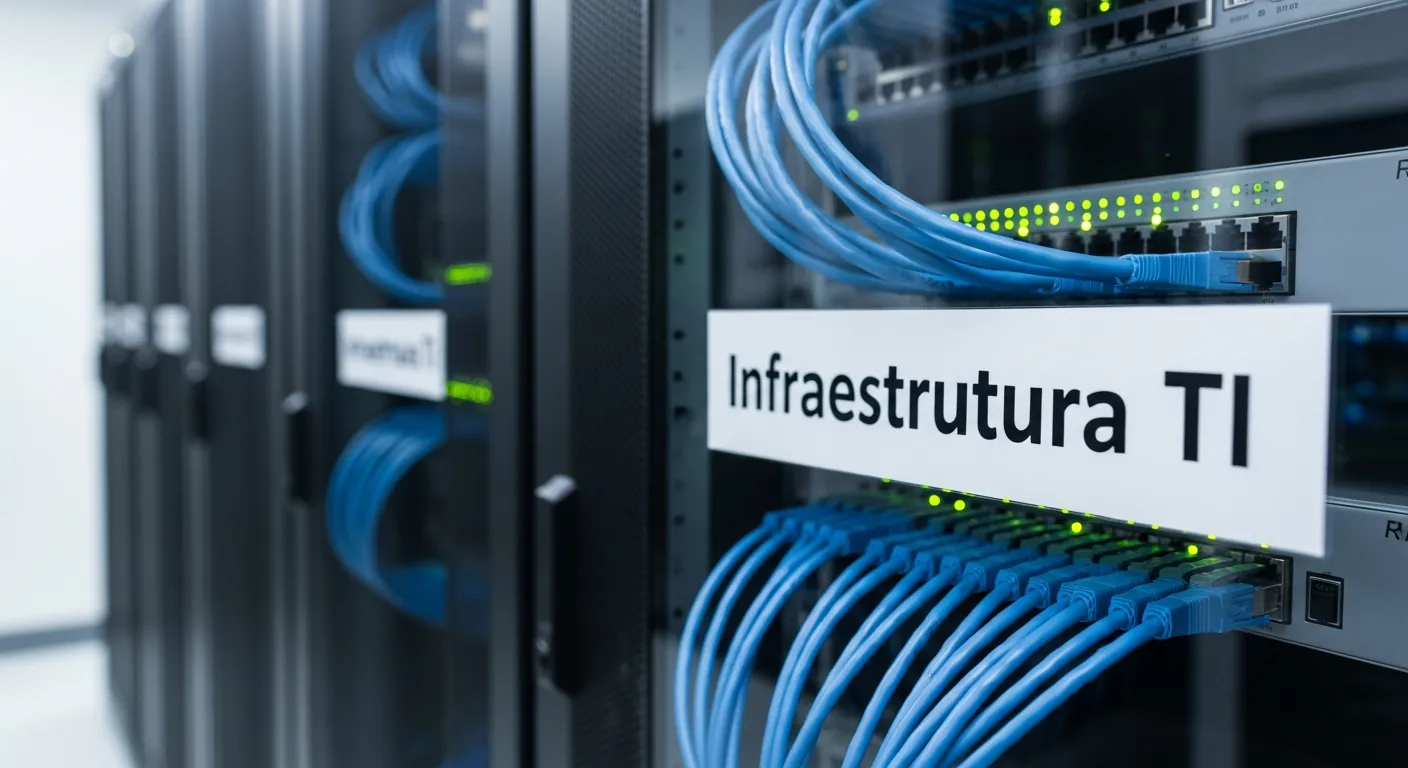 Rack de TI organizado com switches e patch panels