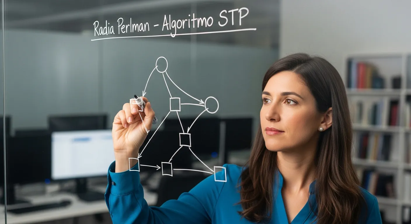 Ilustração de Radia Perlman criando o algoritmo STP