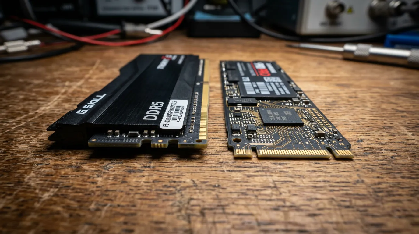 Pente de memória RAM DDR5 ao lado de um SSD NVMe