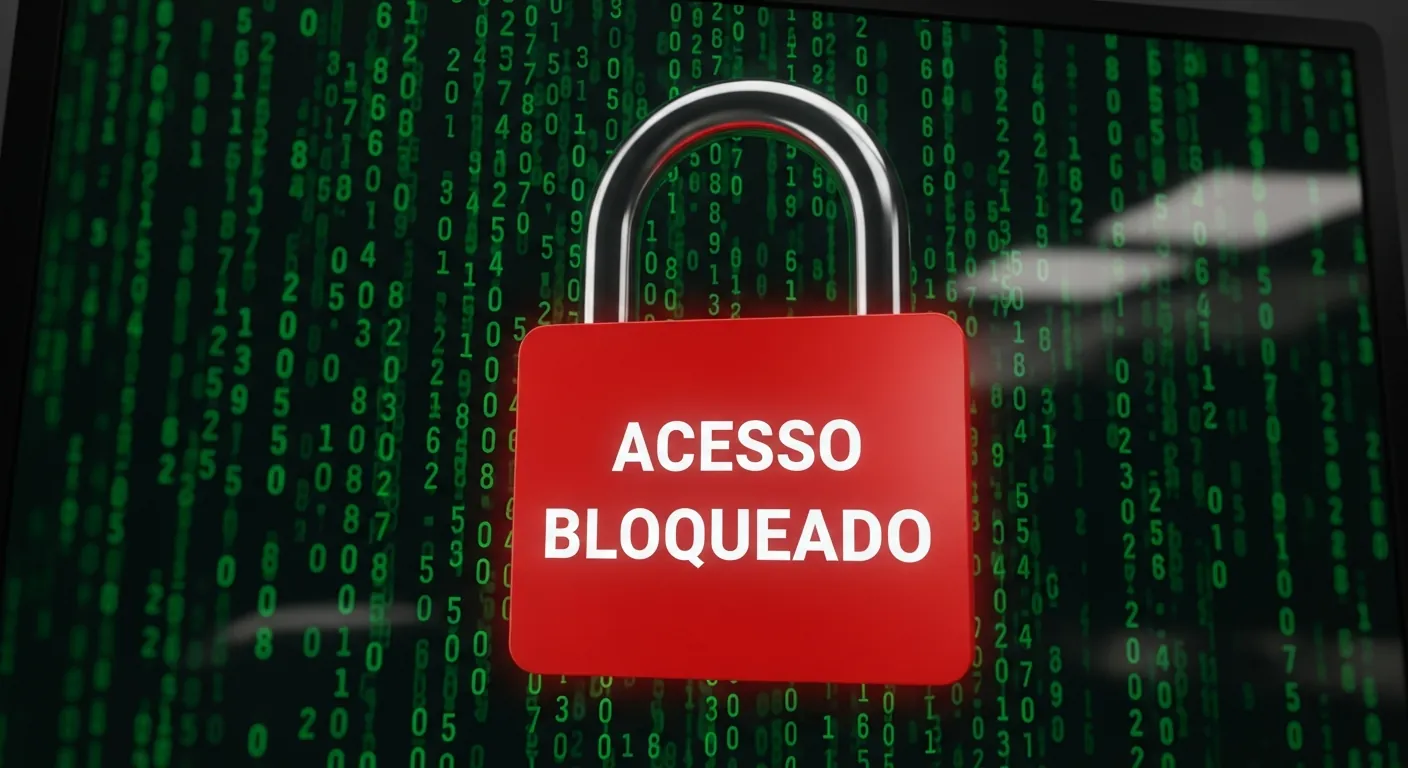 Tela de computador infectada por ransomware mostrando acesso bloqueado