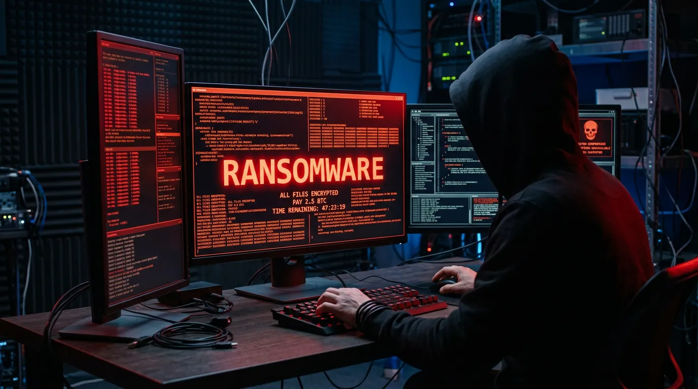 Tela de computador com aviso de ransomware