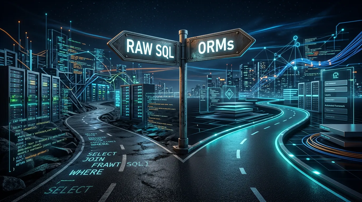 Placa de bifurcação mostrando os caminhos Raw SQL e ORMs