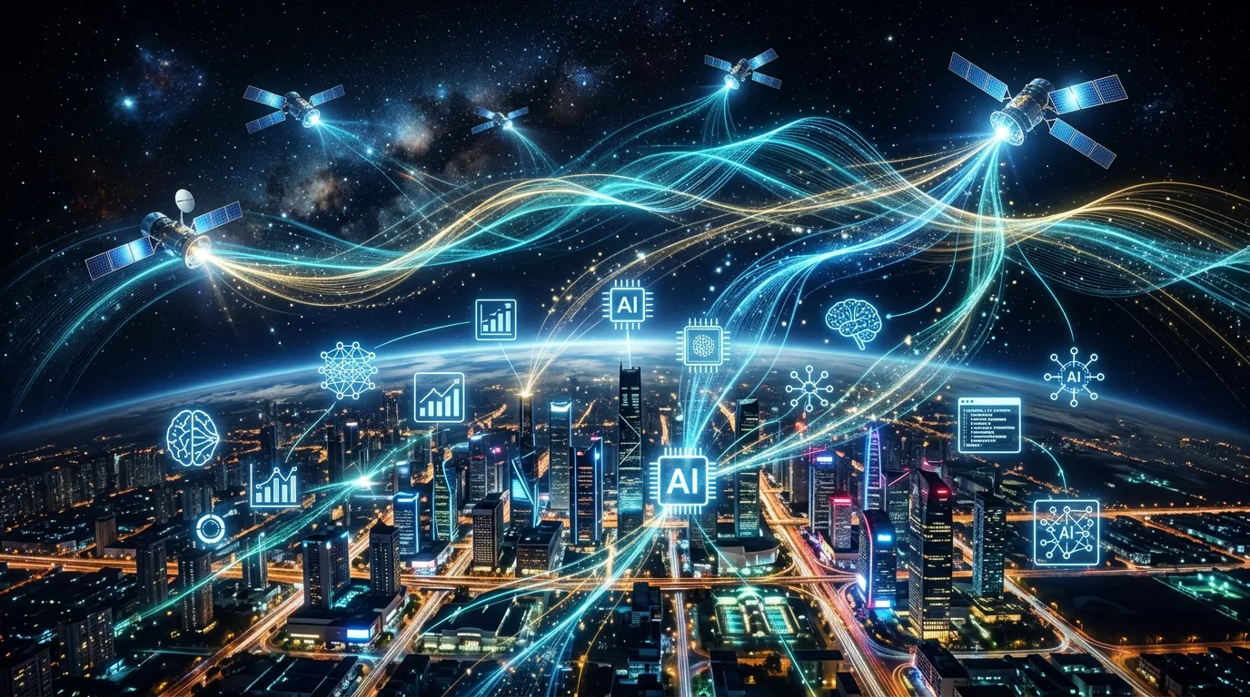Representação gráfica de rede 6G conectando satélites e cidades inteligentes