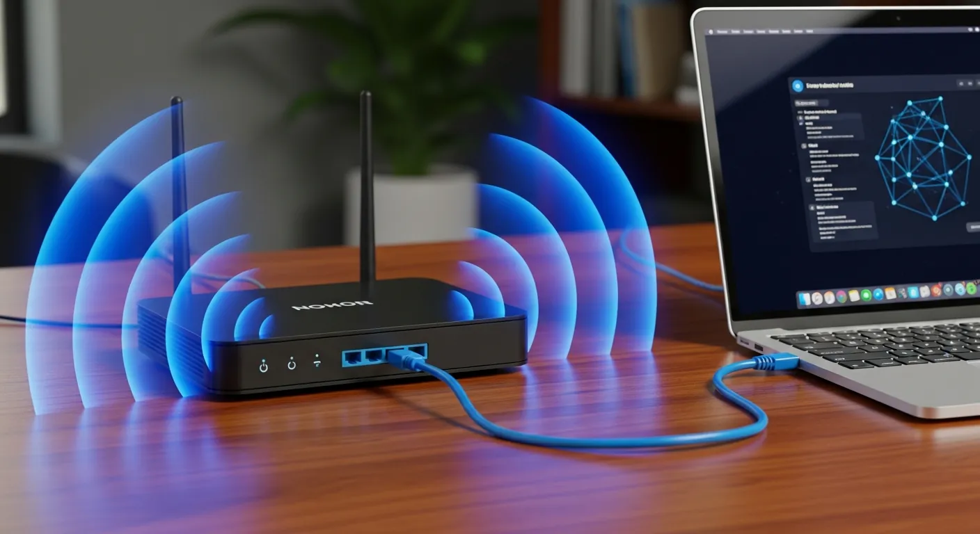 Roteador Wi-Fi e cabo Ethernet em cima de uma mesa