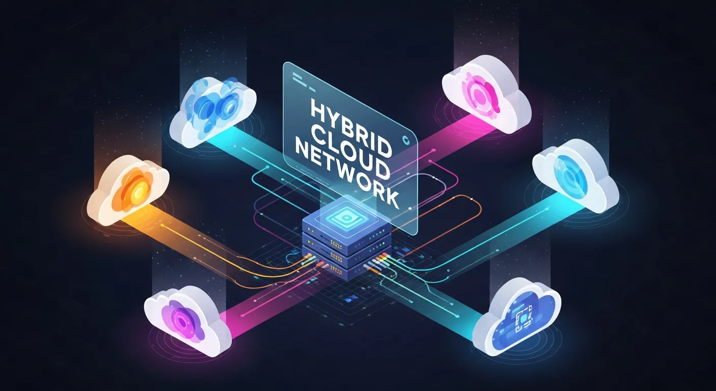 Ilustração de rede de nuvem híbrida conectando servidores físicos