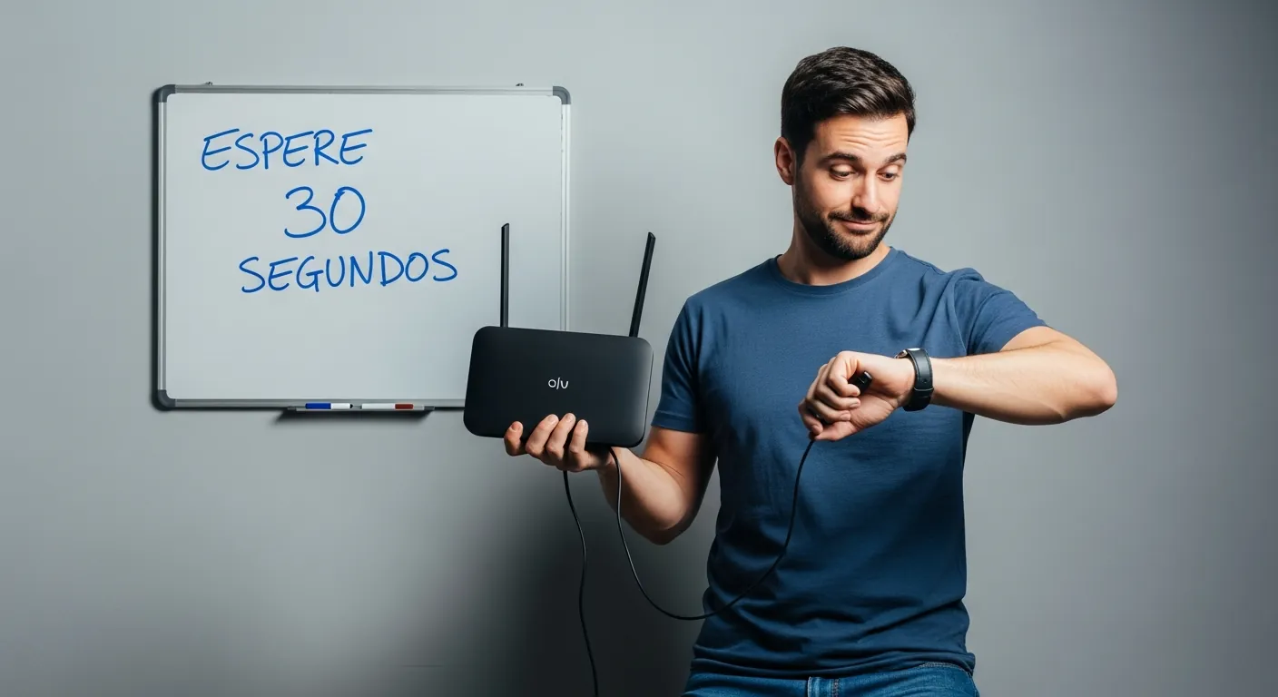 Homem aguardando 30 segundos para religar o roteador