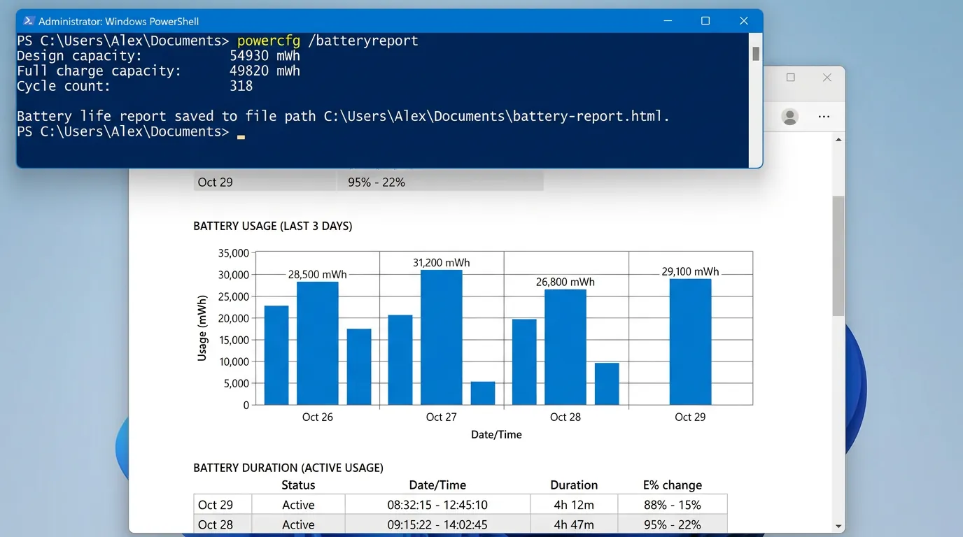 Relatório de bateria gerado no Windows PowerShell