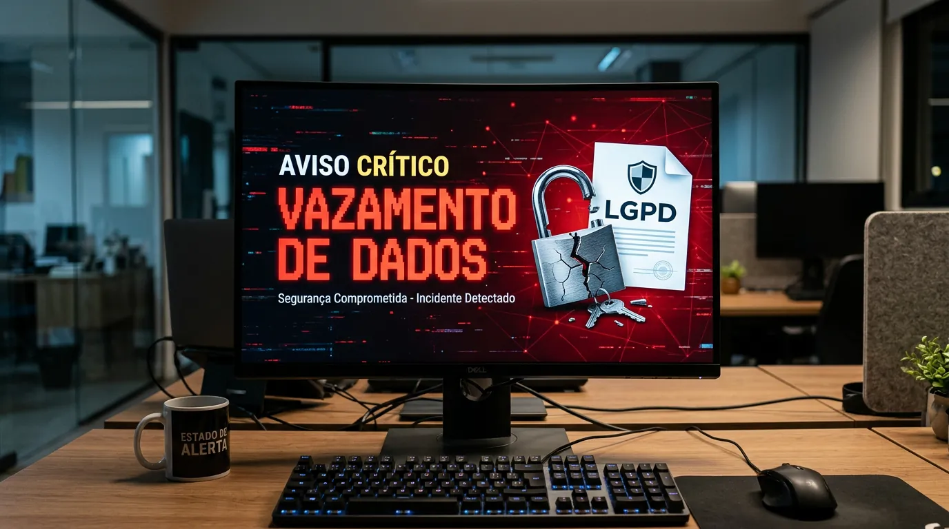 Tela de computador mostrando vazamento de dados e LGPD