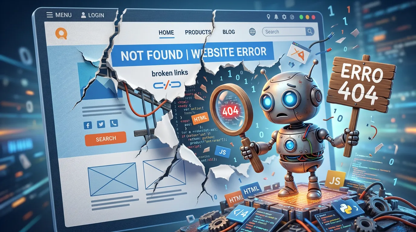 Ilustração de robô confuso com Erro 404