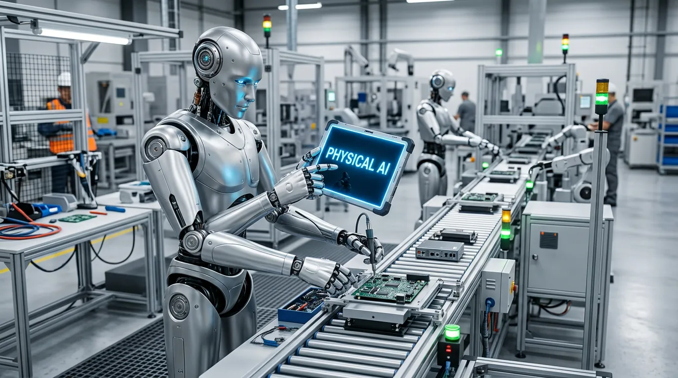 Robô humanoide segurando tablet com o texto Physical AI em ambiente industrial