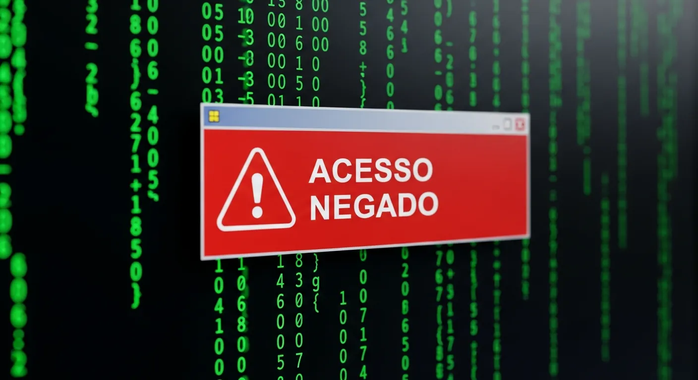 Tela de computador mostrando código malicioso e bloqueio de sistema