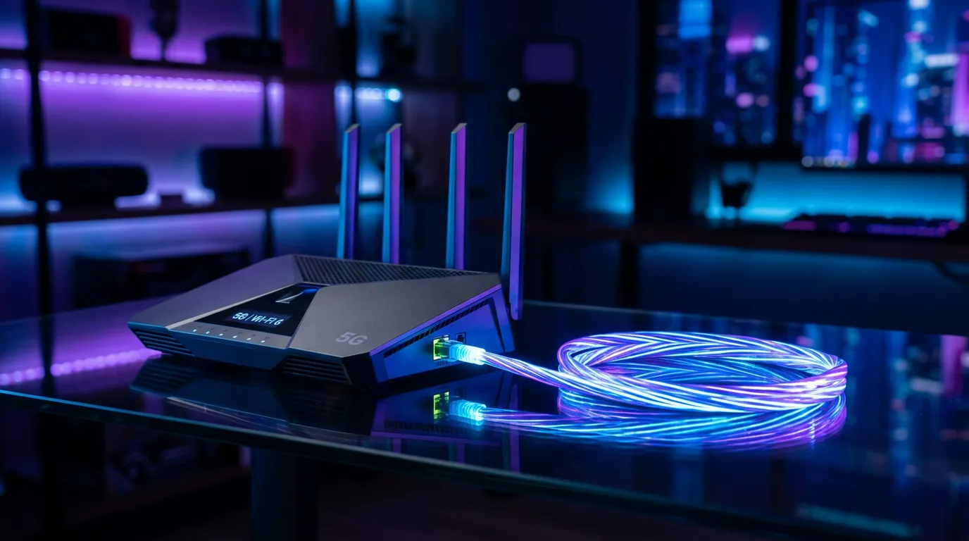 Roteador 5G e cabo de fibra óptica