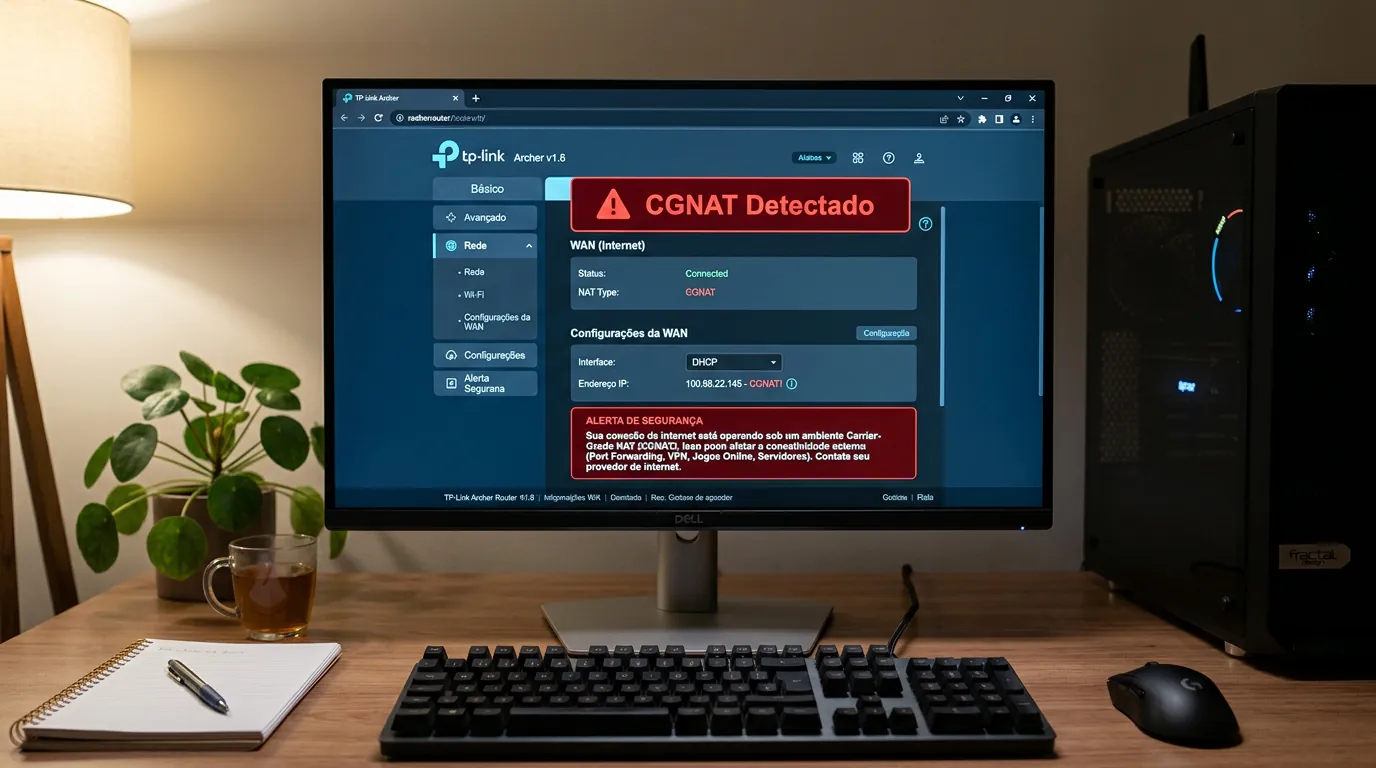 Interface de roteador exibindo aviso de conexão CGNAT