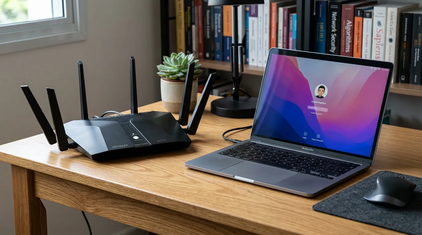 Roteador moderno sendo configurado pelo notebook