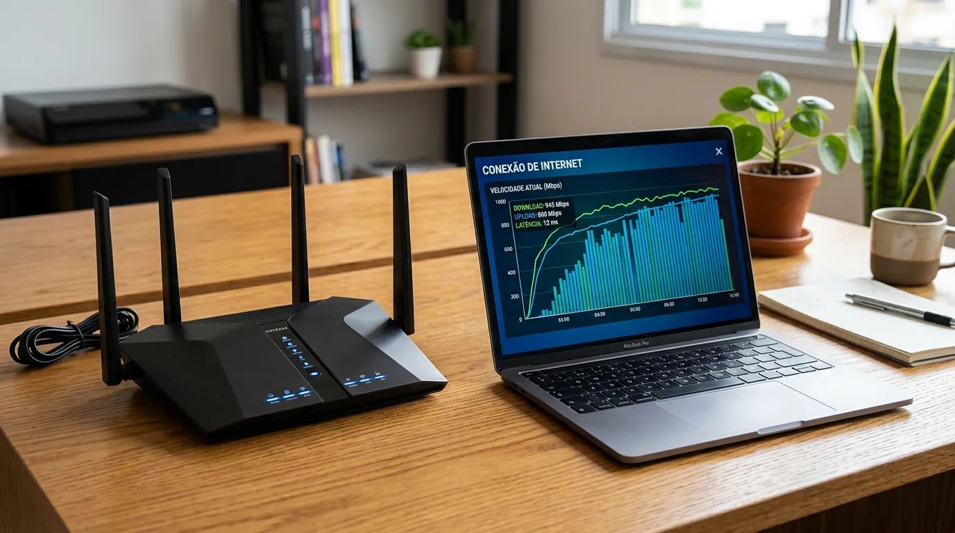 Roteador Wi-Fi em mesa de home office