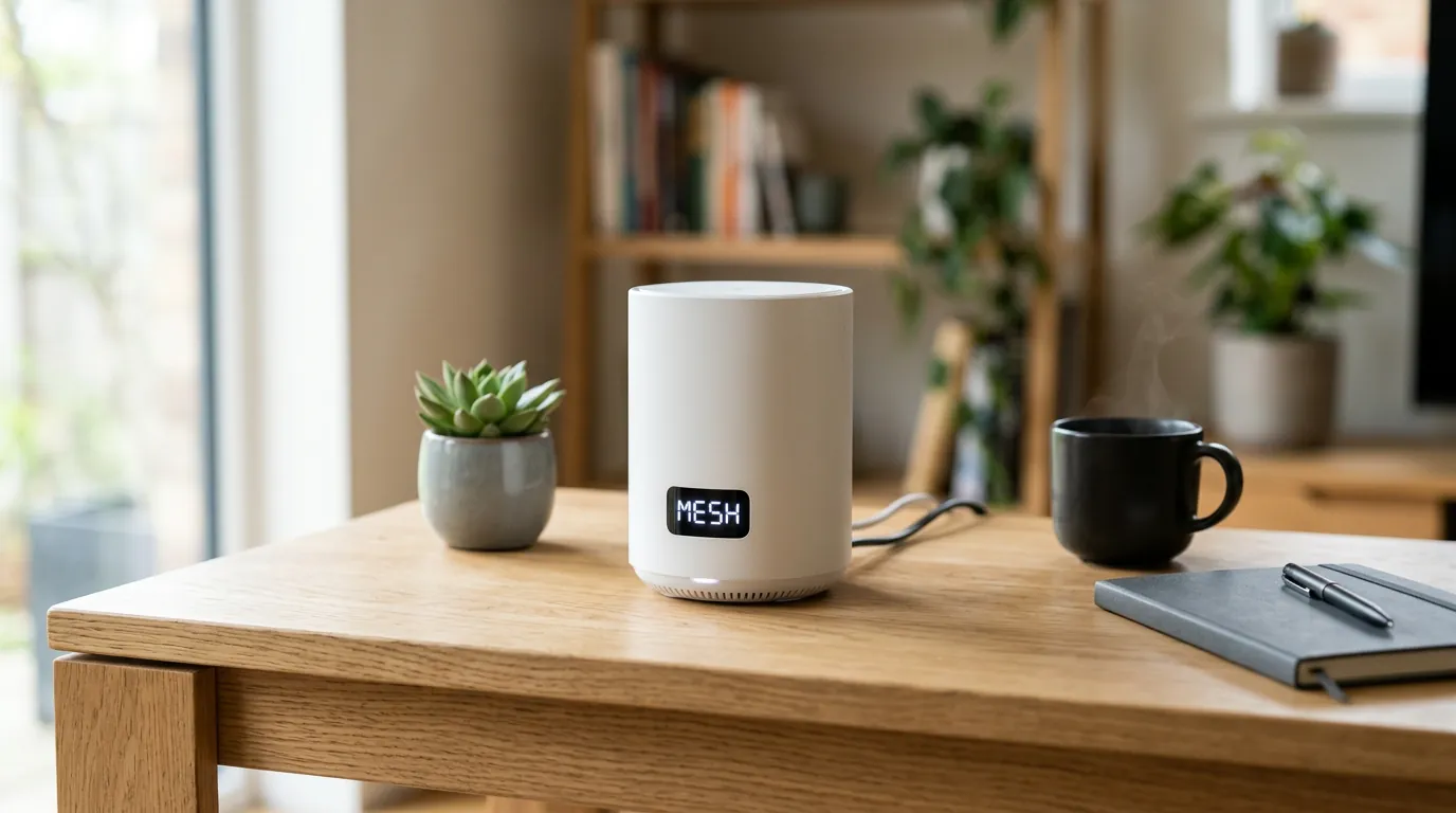 Roteador de rede Mesh em mesa de madeira
