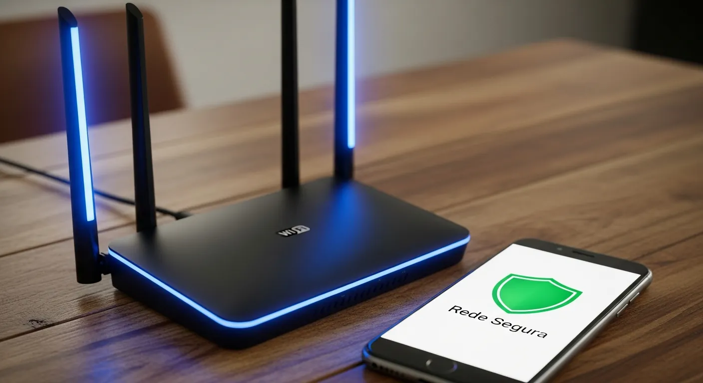 Roteador Wi-Fi seguro com smartphone mostrando aplicativo de protecao