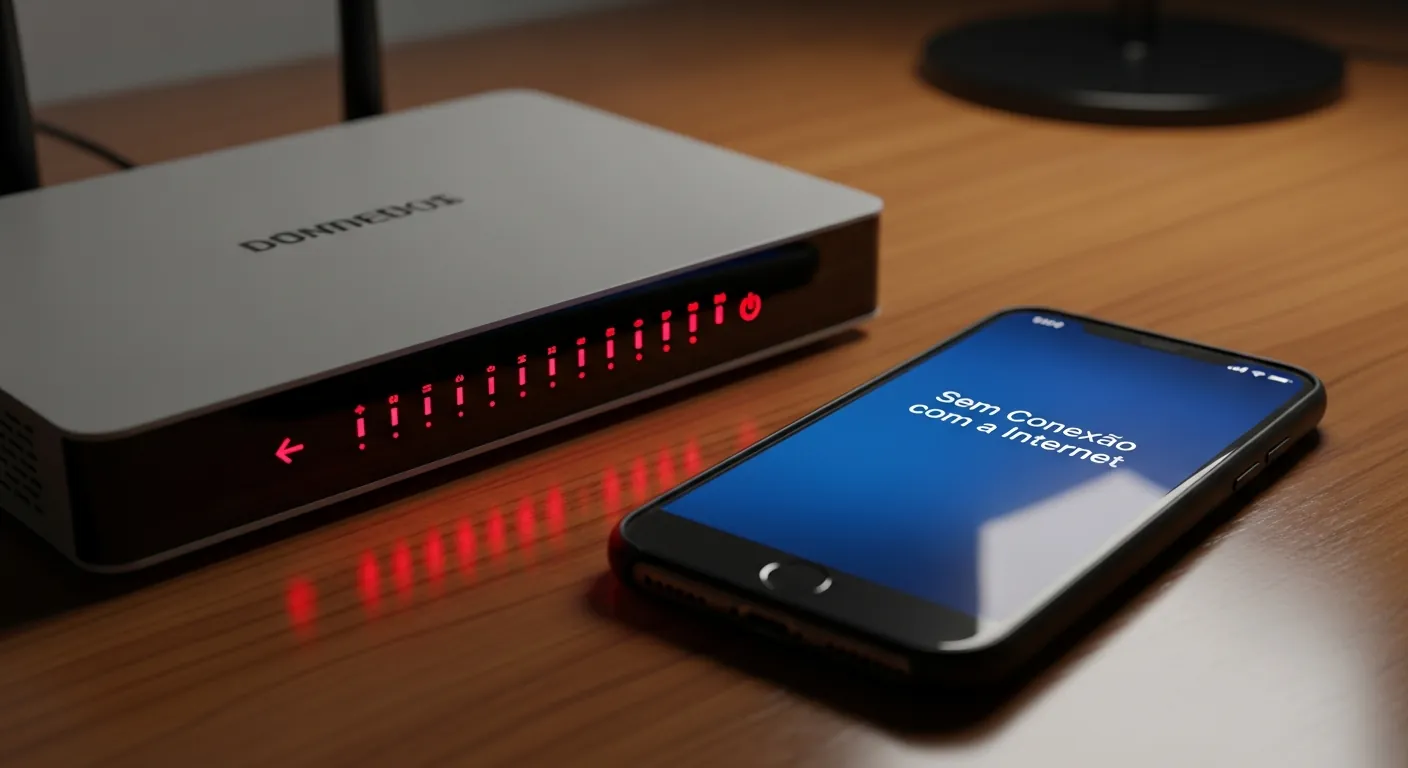 Roteador com luz vermelha indicando queda de internet