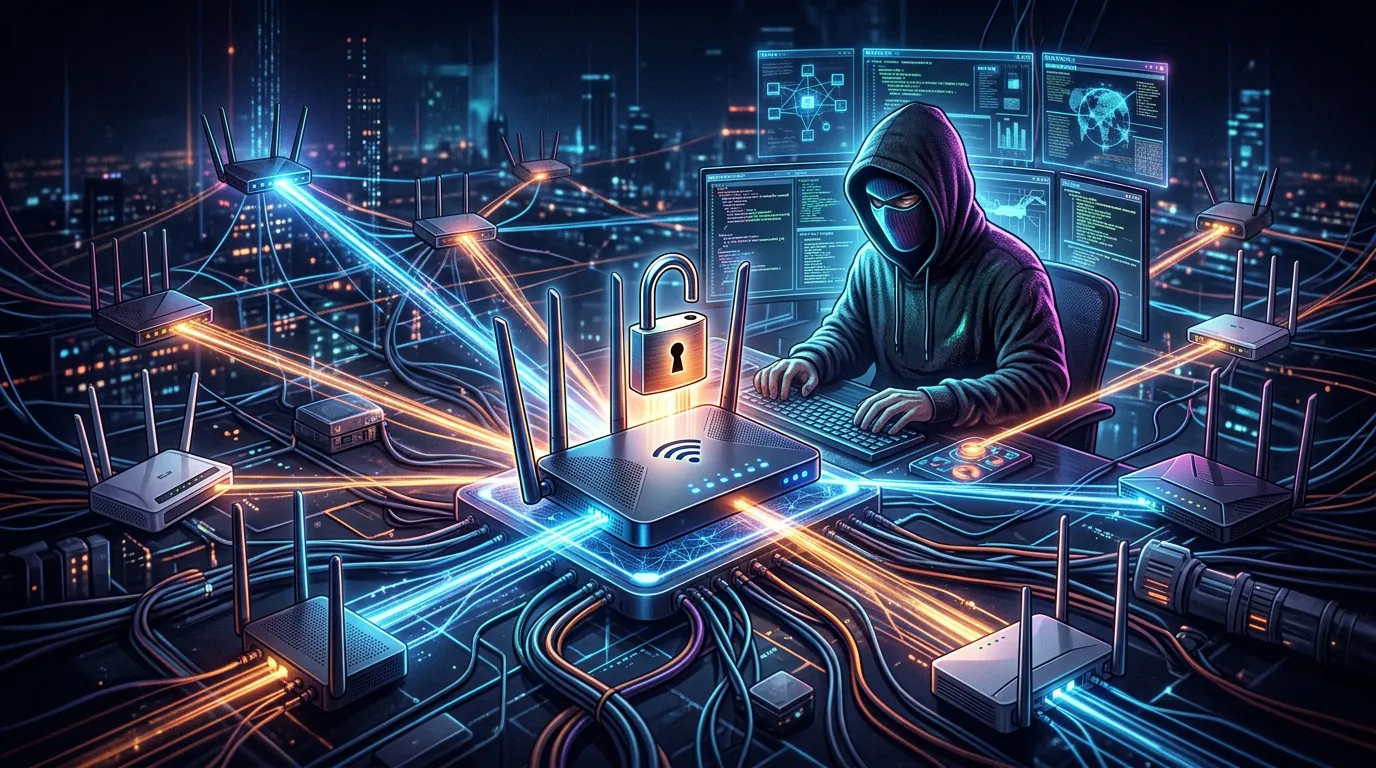 Ilustração de roteador vulnerável sendo controlado por botnet