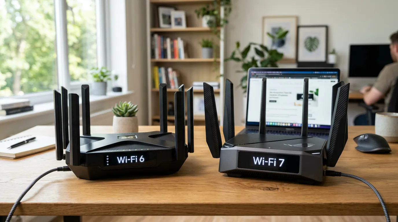 Comparativo visual entre roteadores Wi-Fi 6 e Wi-Fi 7