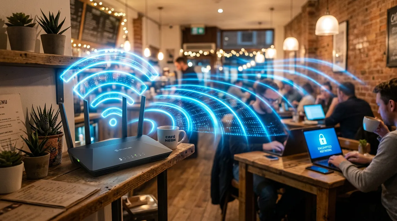 Roteador Wi-Fi com criptografia WPA3 em cafeteria