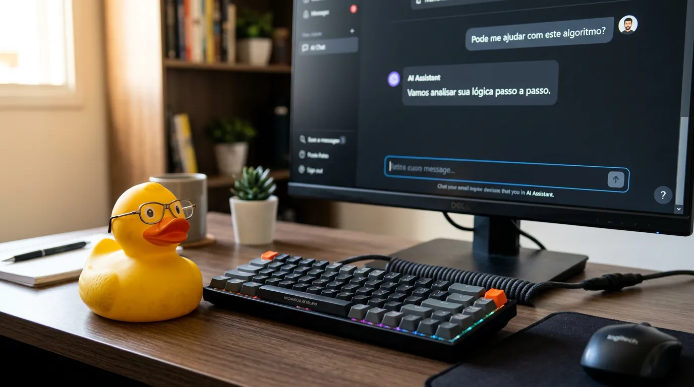 Pato de borracha ao lado de teclado representando técnica de debugging com IA