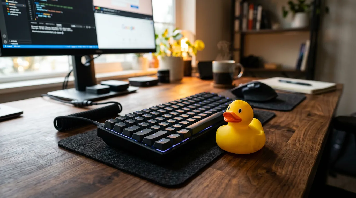 Pato de borracha amarelo ao lado de um teclado mecânico