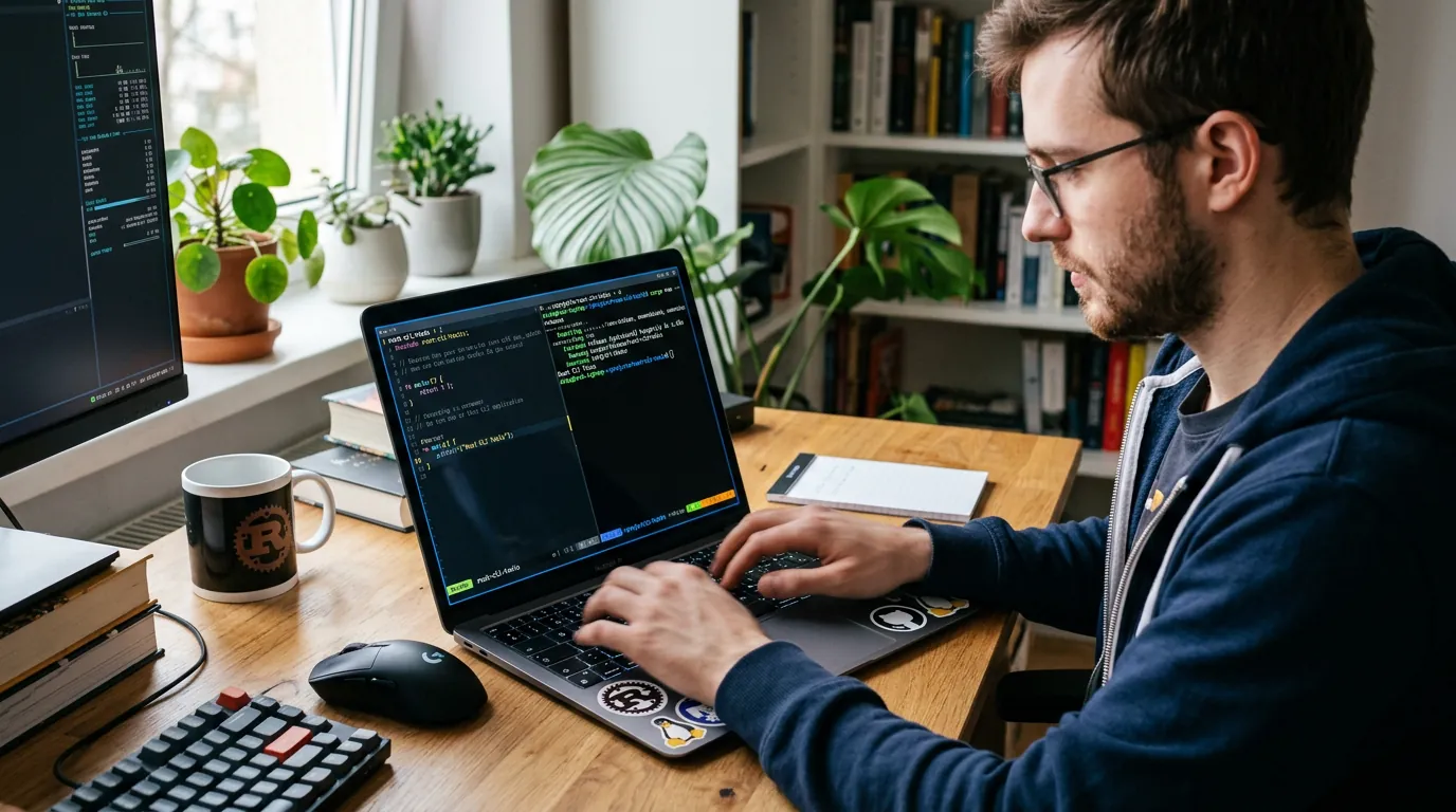 Programador usando ferramentas modernas de CLI em Rust