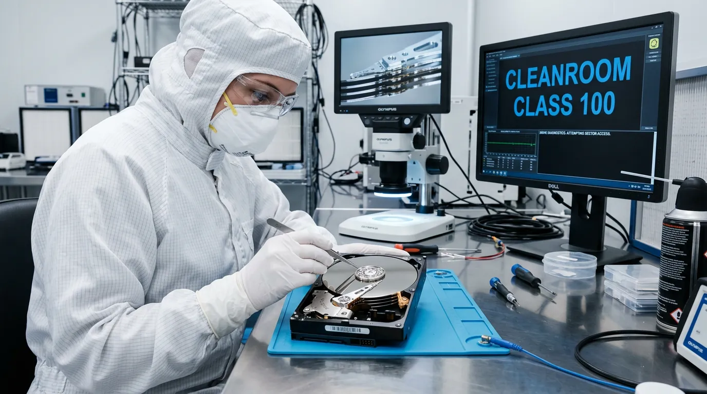 Técnico trabalhando em HD em Sala Limpa