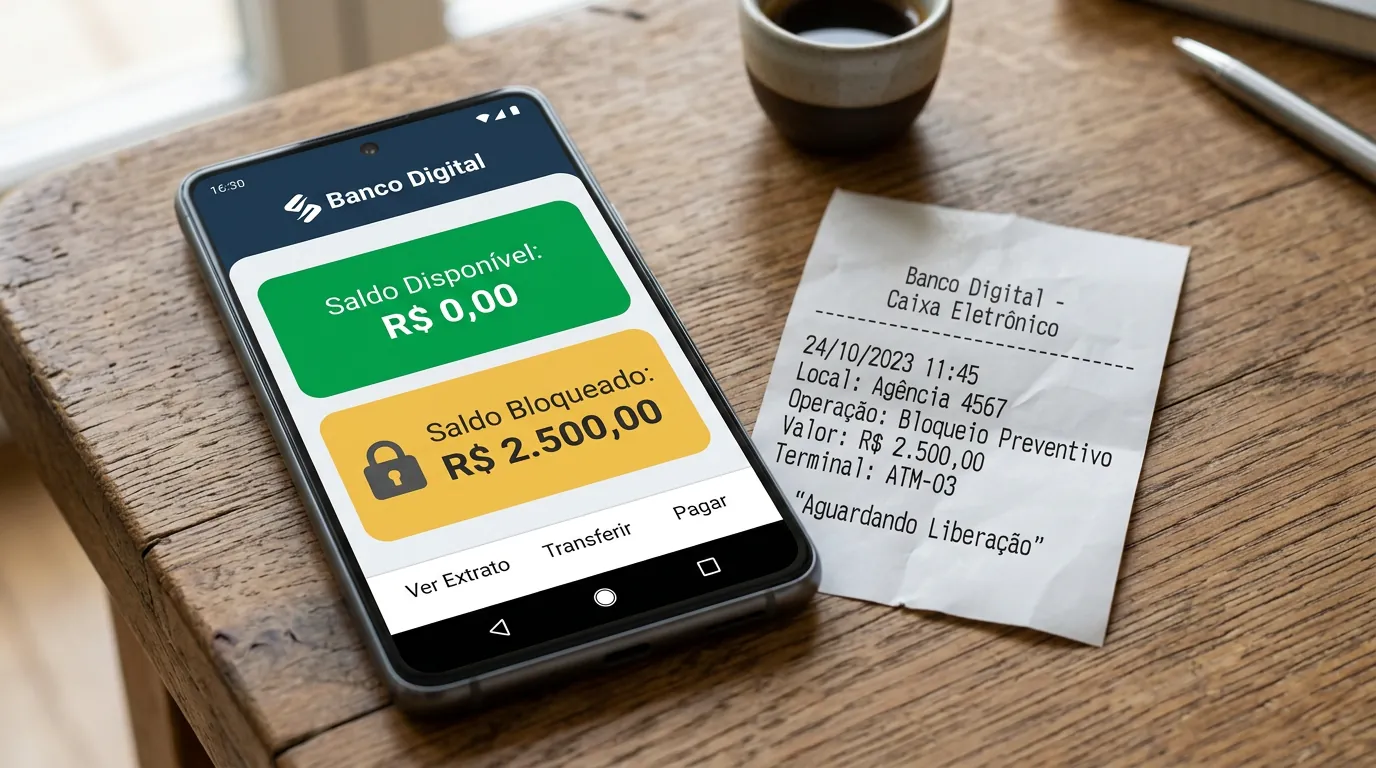 Diferença entre saldo disponível e saldo bloqueado no golpe do envelope vazio