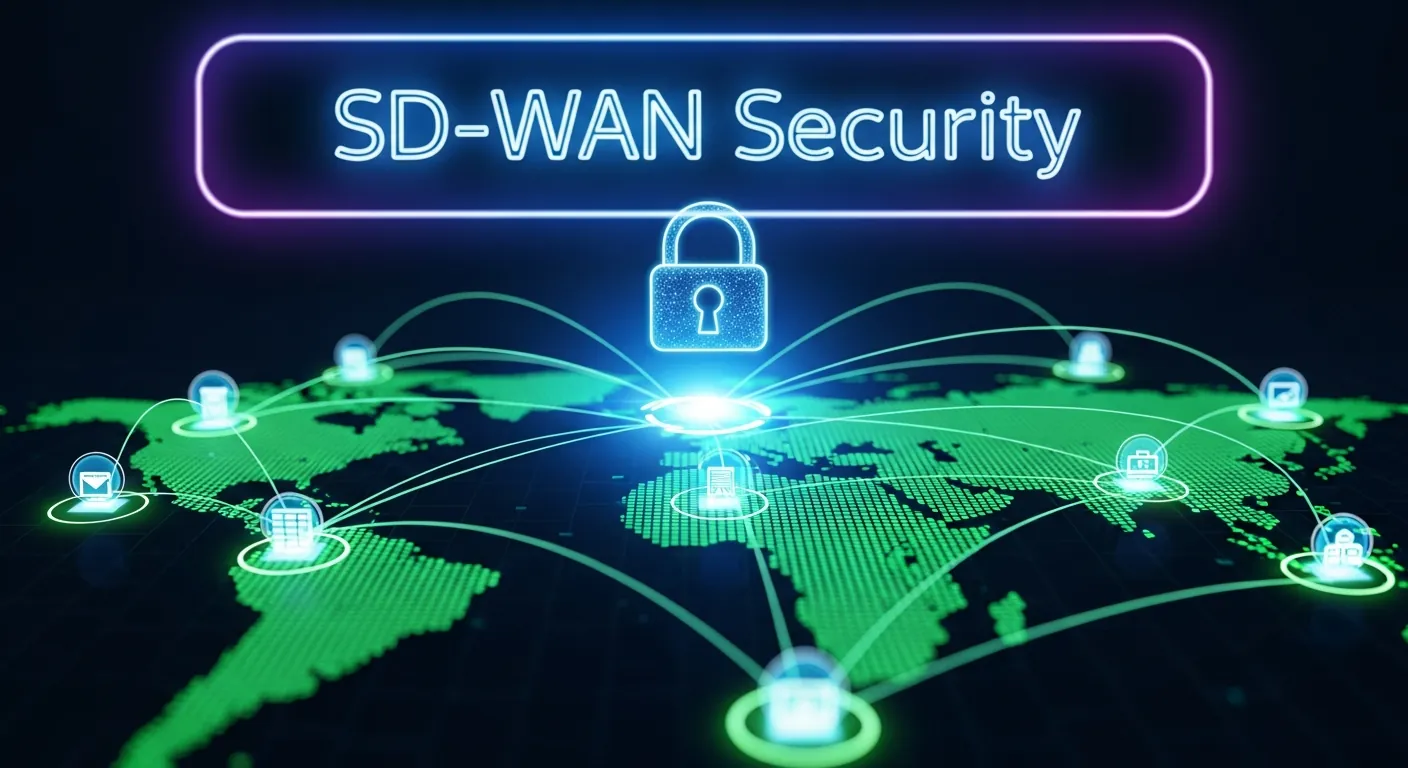 Diagrama conceitual de rede SD-WAN e segurança cibernética