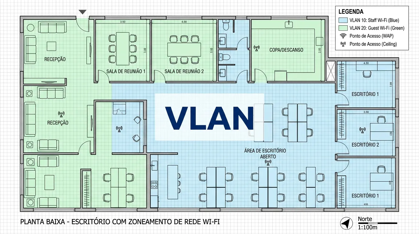 Planta de escritório mostrando segmentação de rede VLAN