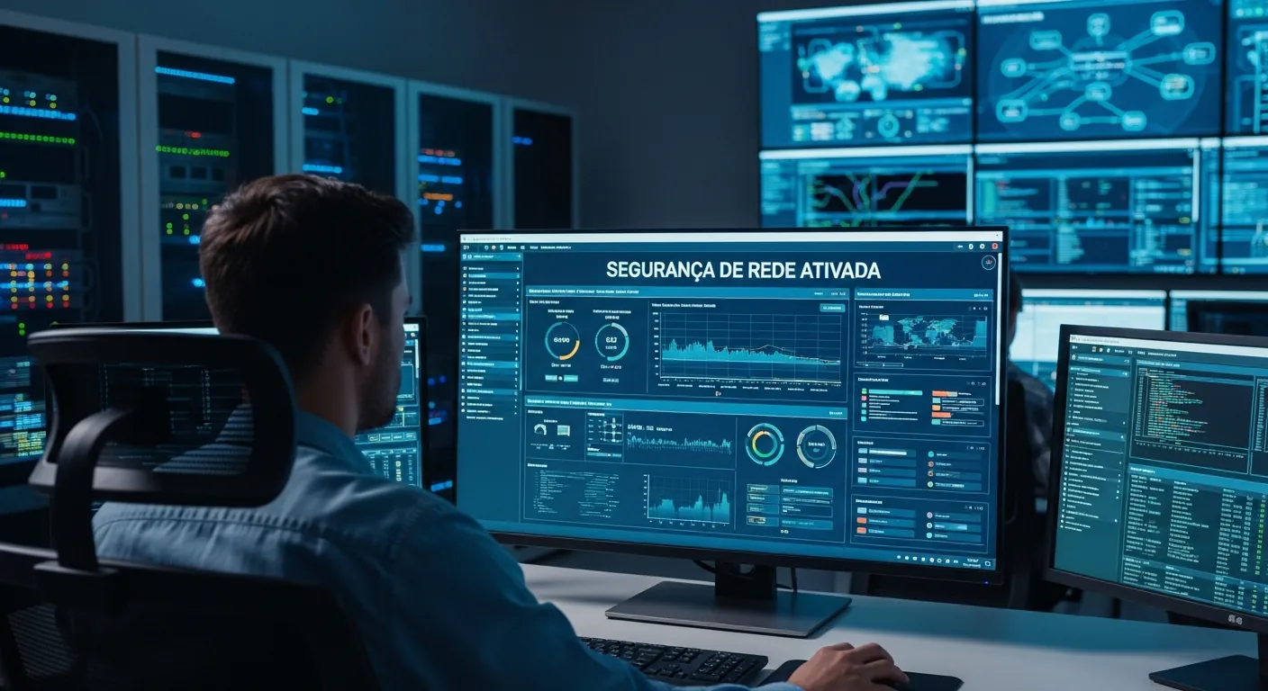 Profissional de TI monitorando segurança de rede corporativa