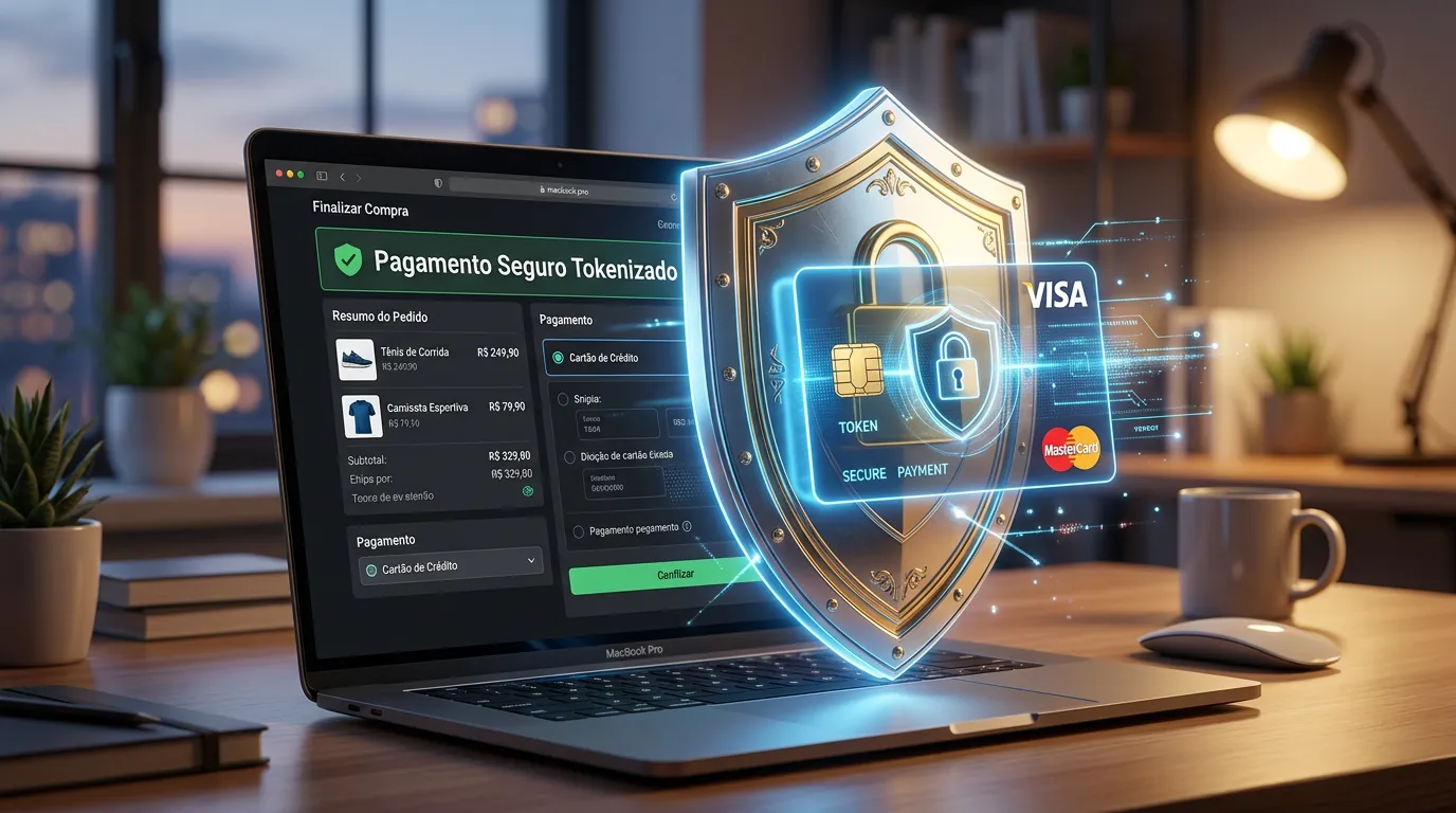 Escudo de segurança protegendo compra online com cartão virtual tokenizado